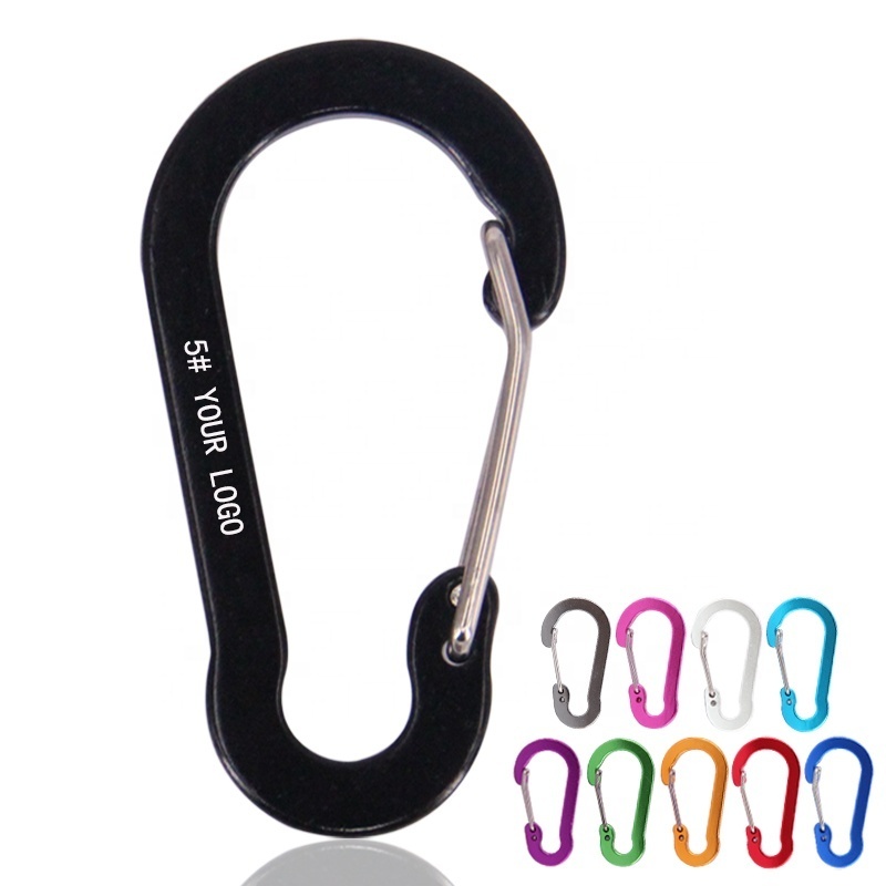 Baichao cheap 5 shaped aluminum alloy metal CHAIN engraved logo flat  steel wire outdoor camping hiking carabiner hooks