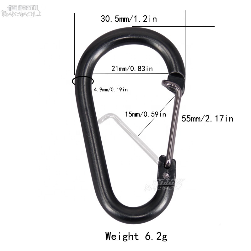 baichao OEM/ODM cheap 6# Aluminum alloy metal black egg shape CLIP spring Wire  carabiner hooks for charger/hunting/tent/ball