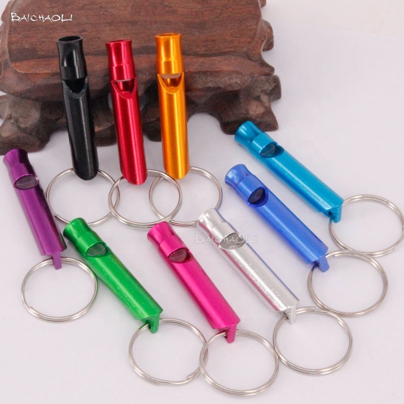 Baichaoli wholesale 9*47 colourful  Aluminum alloy metal engraved custom logo keychain black whistle for backpack camping hiking