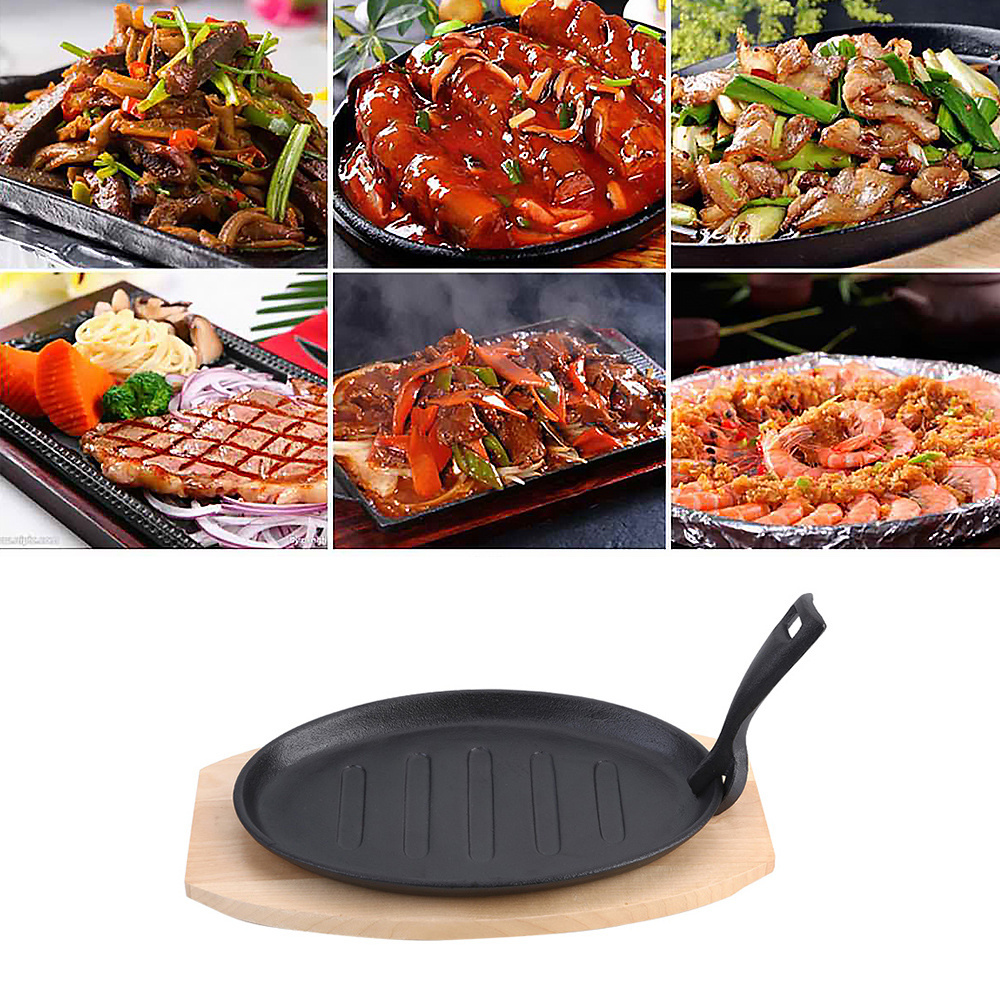 mcooker 2023 Cast Iron Wooden Base Removable Handle Steak Fajita Sizzling Other Cookware Skillet Plates Pans