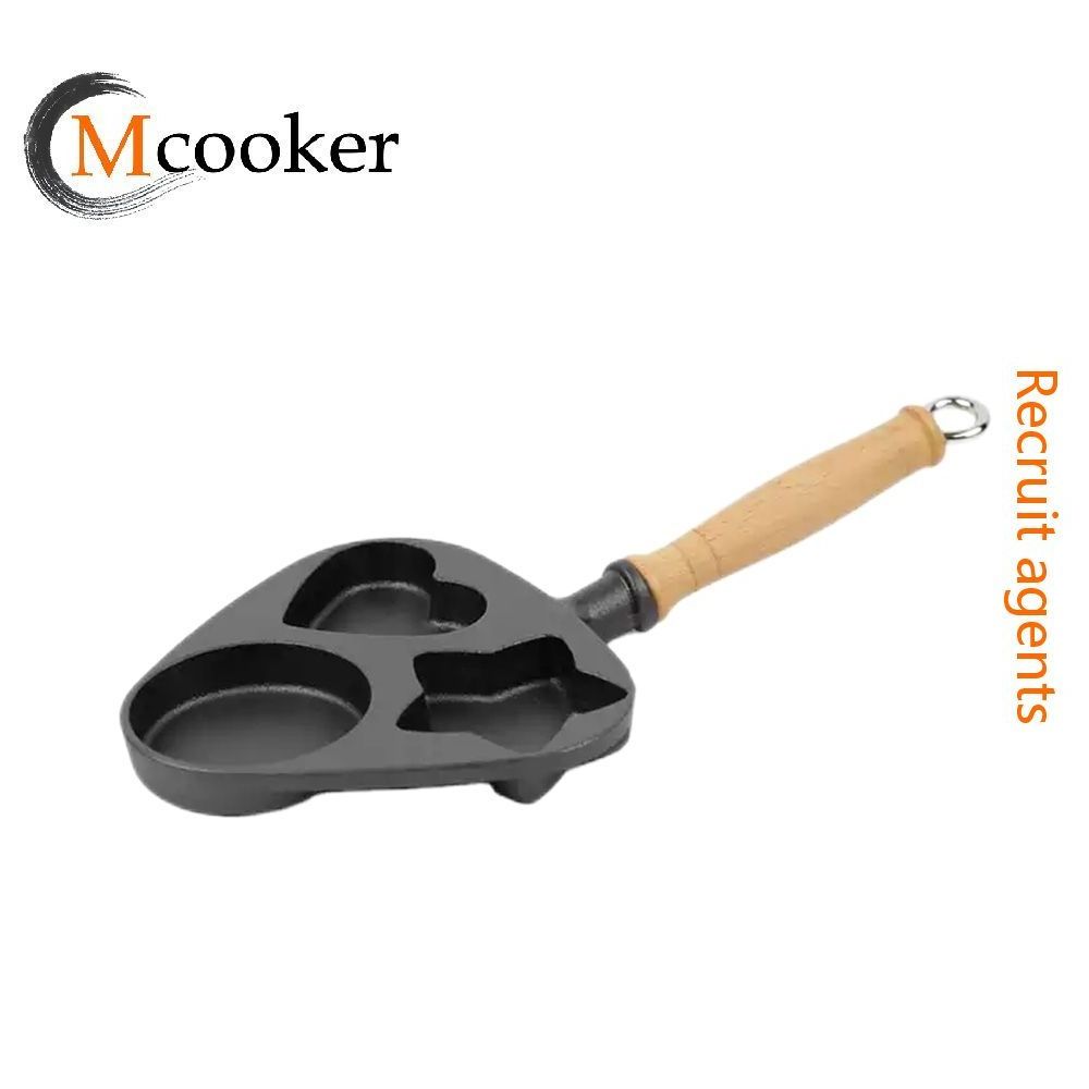 Hot selling household cast iron skillet non-stick fryer with wooden handle for cooking egg spaghetti