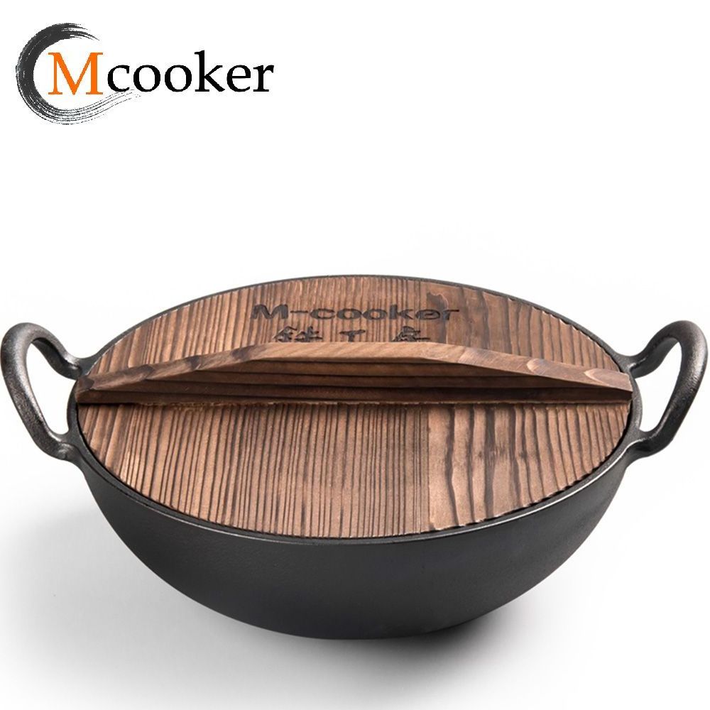 mcooker 2023 new retail extra large induction 30 32 34 36cm cooking frying non stick iron cast chinese wok with glass lid