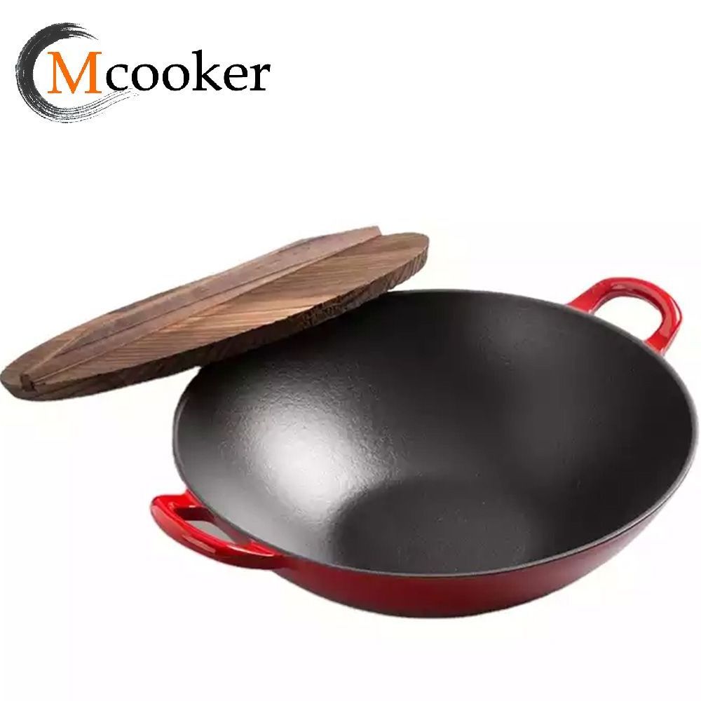 mcooker 2023 new retail extra large induction 30 32 34 36cm cooking frying non stick iron cast chinese wok with glass lid