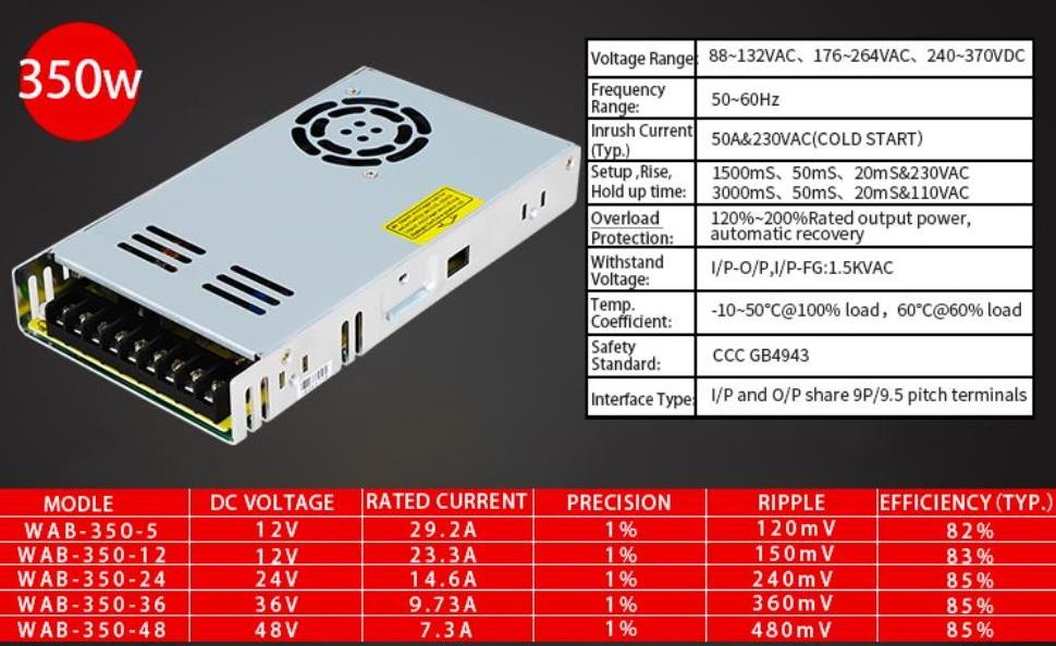 WAB-350-12 350W single output 110V 220V AC to DC 5V 12V 24V 48V Industrial smps Single switching power supply