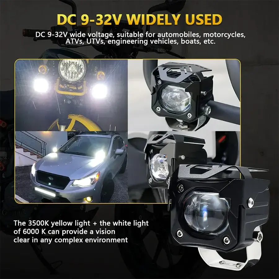 Motorcycle Headlight Fog Lights 6000lm Driving pods Lights Amber/Yellow White Dual Color Led Work Lights for Motorcycle SUV ATV