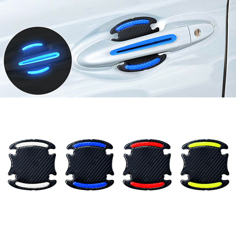 8PCS/set Car Door Handle Sticker Warning Reflective Tape Carbon Fiber Car Door Bowl Handle Cup Guard Protector Stickers