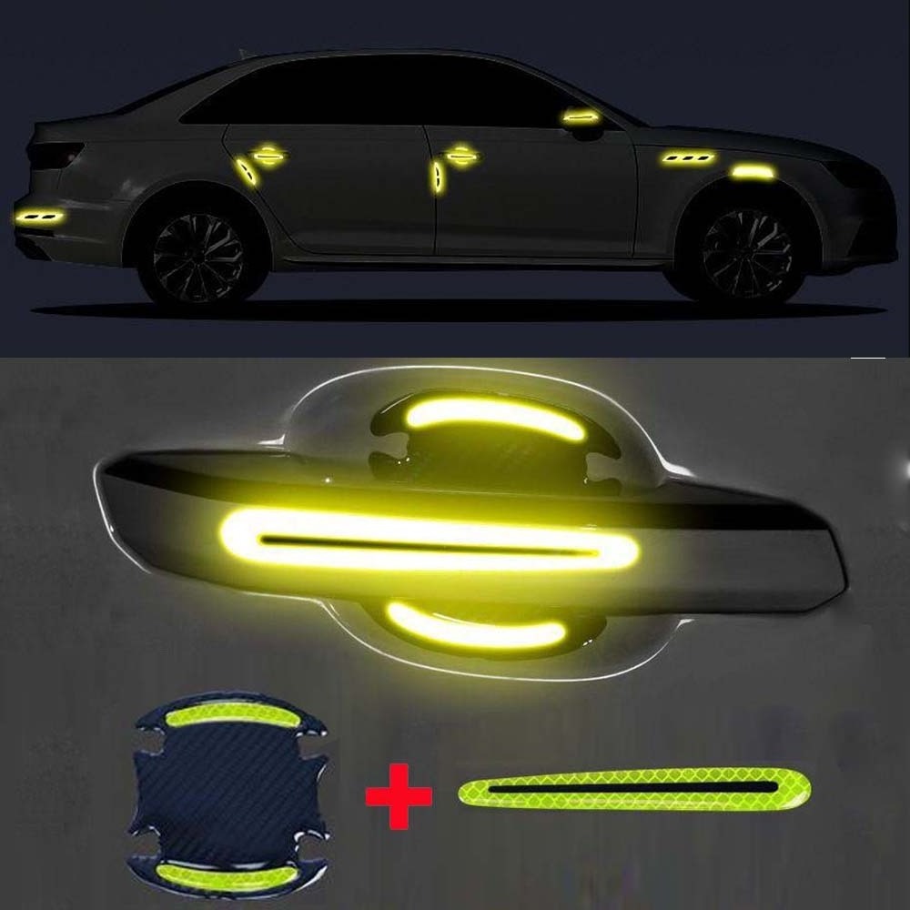 8PCS/set Car Door Handle Sticker Warning Reflective Tape Carbon Fiber Car Door Bowl Handle Cup Guard Protector Stickers