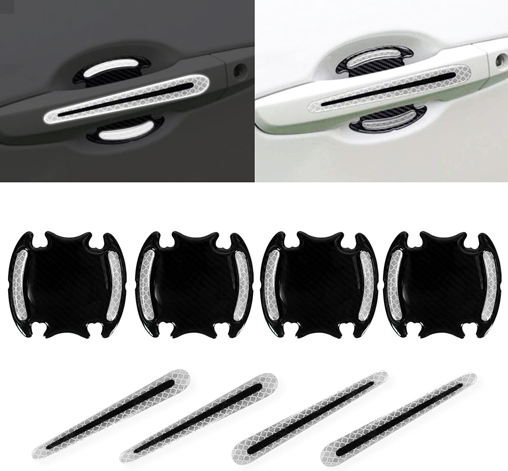 8PCS/set Car Door Handle Sticker Warning Reflective Tape Carbon Fiber Car Door Bowl Handle Cup Guard Protector Stickers