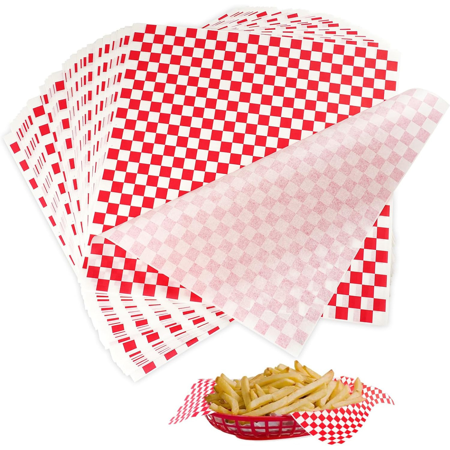 12 * 12 Inch, Food Basket Liners for Sandwiches, Burgers, Checkered Deli Wrap Wax Paper Sheets Red