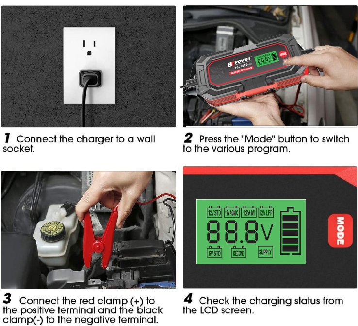 12V 4A  Battery Charger/Maintainer for Car, Truck, Motorcycle, Lawn Mower, Boat, RV, SUV, ATV and More