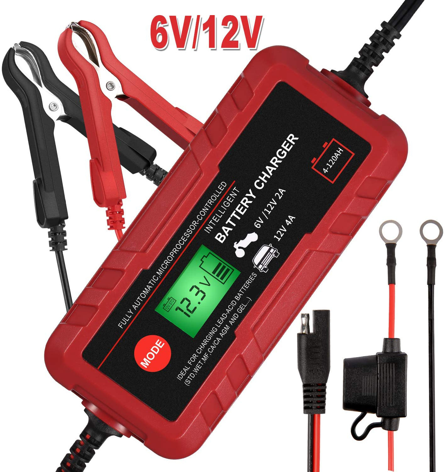 12V  Battery Charger/Maintainer for Car, Truck, Motorcycle, Lawn Mower, Boat, RV, SUV, ATV and More