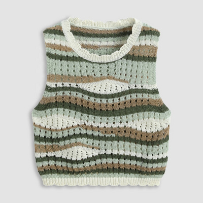 Custom Tank Top Women Vintage Designer Custom Knit Vest Ladies Crew Neck Ruched Edge Color Striped Hollow Out Knitted Sweater