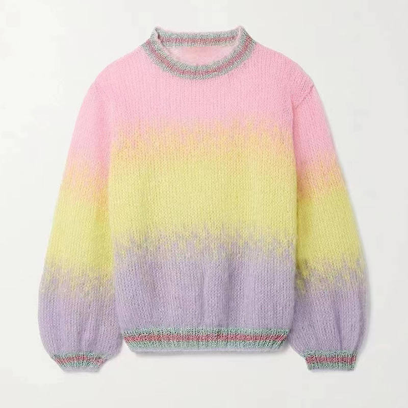 Baifuya Custom Manufacturer Knitted Crew Neck Rainbow Mohair Sweater Drop Shoulder Woman Sweater Knit Pullover Top Sweater