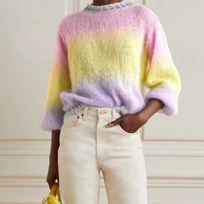 Baifuya Custom Manufacturer Knitted Crew Neck Rainbow Mohair Sweater Drop Shoulder Woman Sweater Knit Pullover Top Sweater