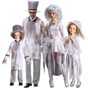 Horror Vampire Zombie Cosplay Uniform for Women & Men Blood Stained Suit and Veil Dress Ghost Bride Adult Kids Halloween Costume