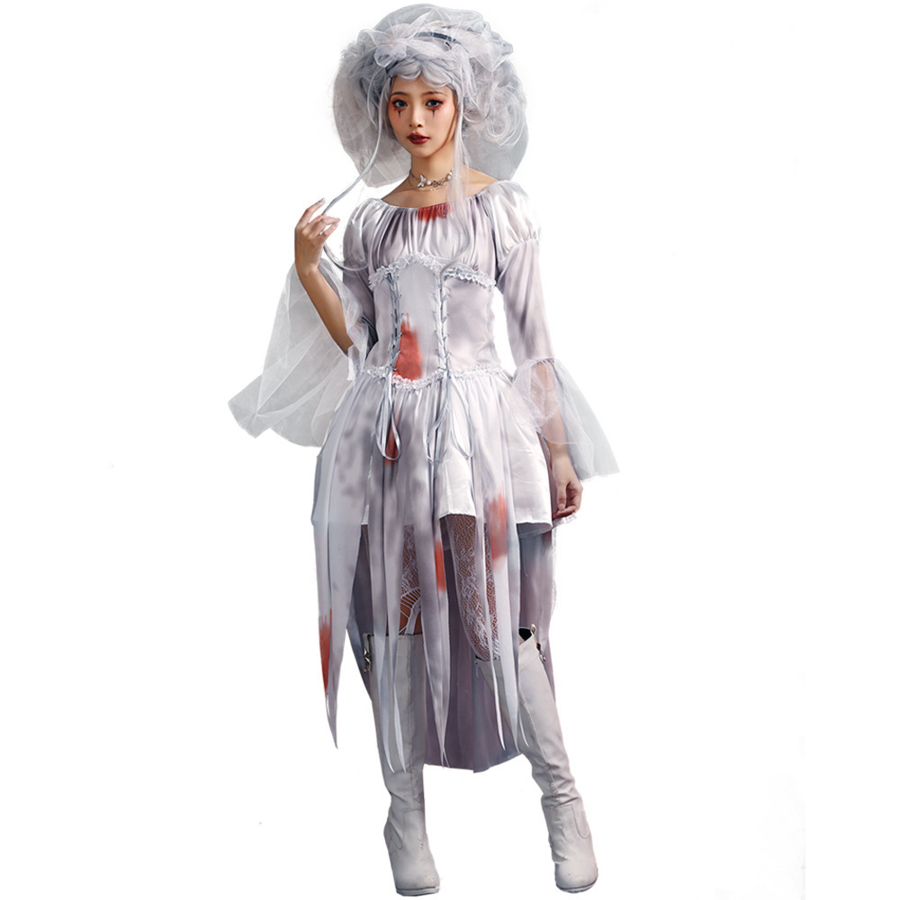 Horror Vampire Zombie Cosplay Uniform for Women & Men Blood Stained Suit and Veil Dress Ghost Bride Adult Kids Halloween Costume