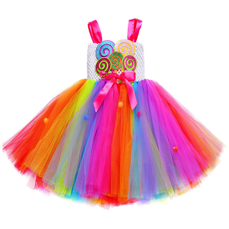 2024 Baige New Update Kids Colorful Candy Dress with Headwear Girls Carnival Tutu Dress Children Holiday Purim Costumes