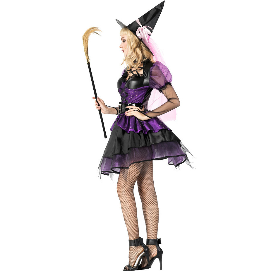 BAIGE Halloween Cosplay Layering Purple Gauze Black Faux Leather Sexy Witch Dress Masquerade Role-Playing Costume