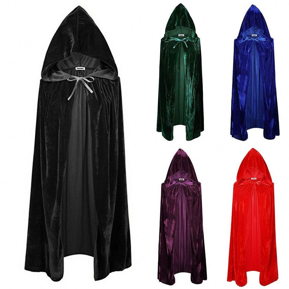 Adult Halloween Velvet Cloak Cape Hooded Medieval Costume Witch Wicca Vampire Halloween Costume Dress Coats 5 Colors