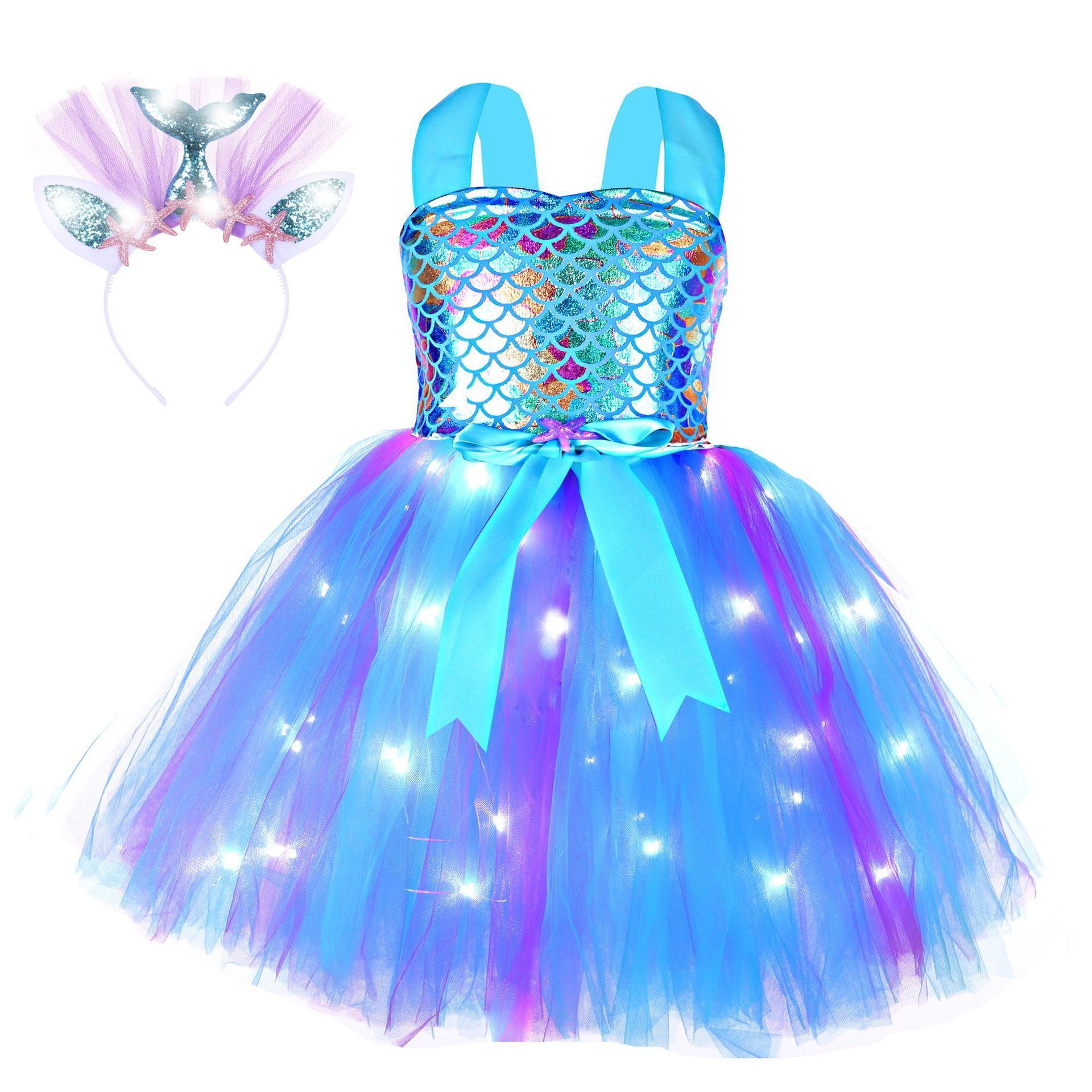 Mermaid Tutu Dress LED Style Kids Birthday Party Dresses Little Mermaid Princess Costumes For Halloween New Year Dress Up Outfit