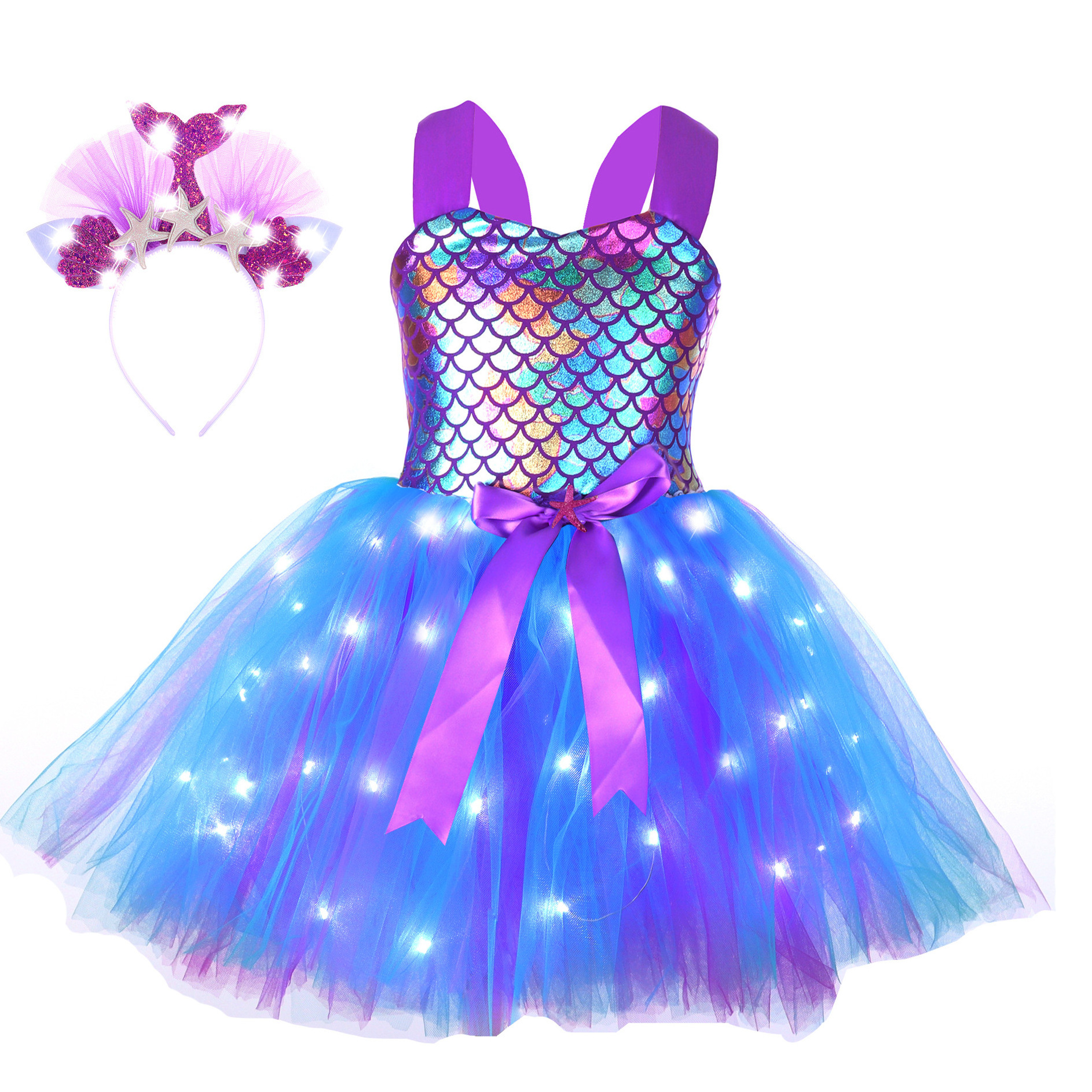 Mermaid Tutu Dress LED Style Kids Birthday Party Dresses Little Mermaid Princess Costumes For Halloween New Year Dress Up Outfit