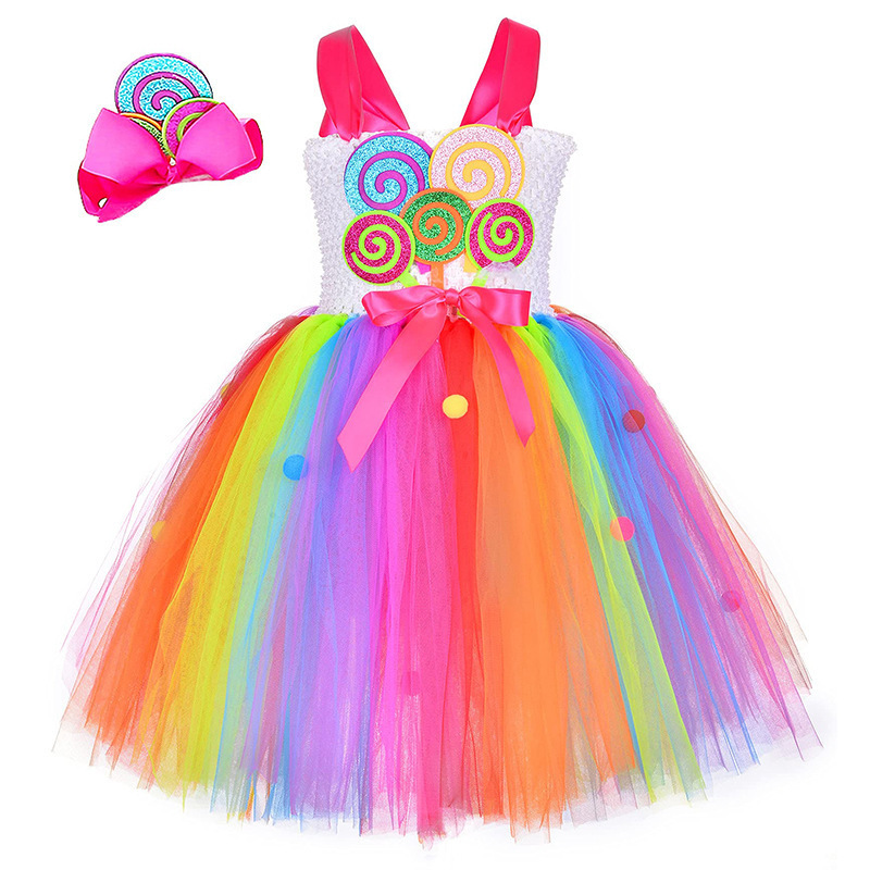 2024 Baige New Update Kids Colorful Candy Dress with Headwear Girls Carnival Tutu Dress Children Holiday Purim Costumes