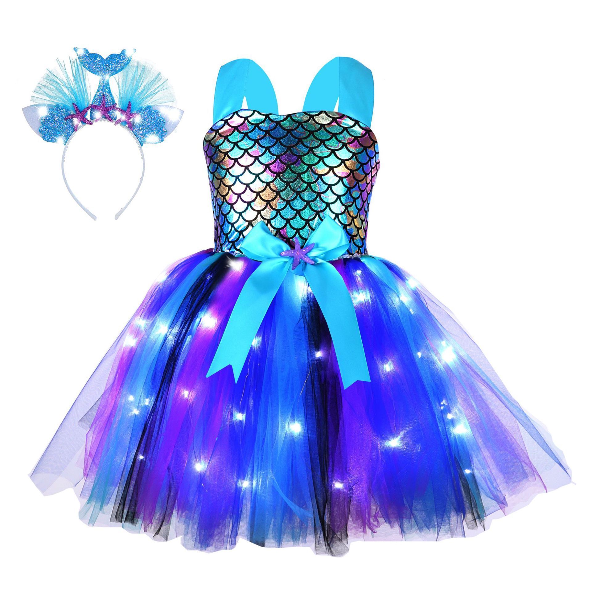 Mermaid Tutu Dress LED Style Kids Birthday Party Dresses Little Mermaid Princess Costumes For Halloween New Year Dress Up Outfit