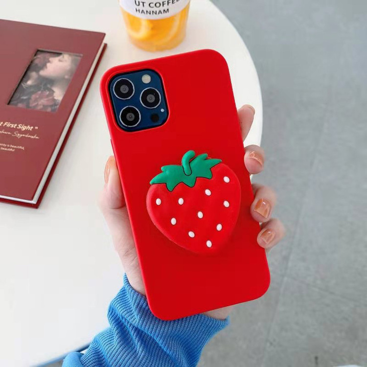 Luxury soft silicone phone case with 3D fruit phone holder socket grip cover for iphone 6 7 8 plus x xr xs max 11 12 13 pro max