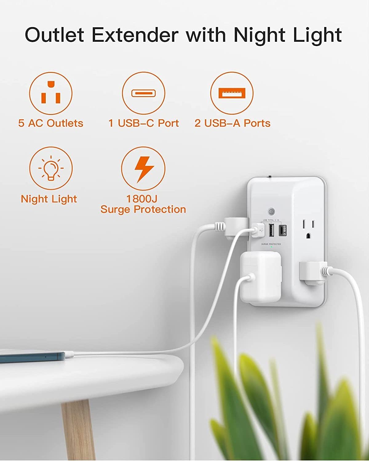 Socket with Night Light, 5 Outlet Surge Protector Power Strip with 3 USB Ports (1 USB C Port), using for Home, Office, School