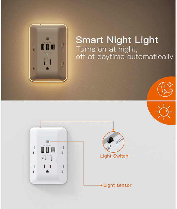 Socket with Night Light, 5 Outlet Surge Protector Power Strip with 3 USB Ports (1 USB C Port), using for Home, Office, School