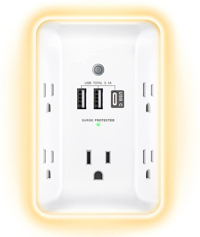 Socket with Night Light, 5 Outlet Surge Protector Power Strip with 3 USB Ports (1 USB C Port), using for Home, Office, School