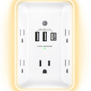 Socket with Night Light, 5 Outlet Surge Protector Power Strip with 3 USB Ports (1 USB C Port), using for Home, Office, School