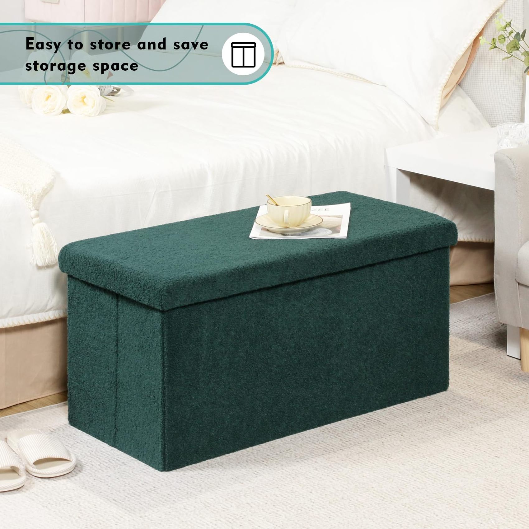 Bailey Custom Velvet Green Folding Storage Ottoman Bench, Upholstered Sherpa Ottoman With Storage, Entryway Bench