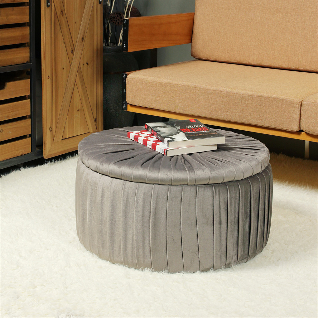 Bailey Furniture Modern Style Decorative Grey Fabric Round Folding Storage Box Ottoman Footrest Stool