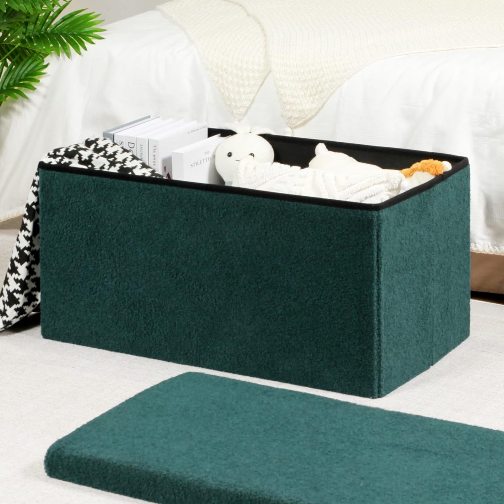 Bailey Custom Velvet Green Folding Storage Ottoman Bench, Upholstered Sherpa Ottoman With Storage, Entryway Bench