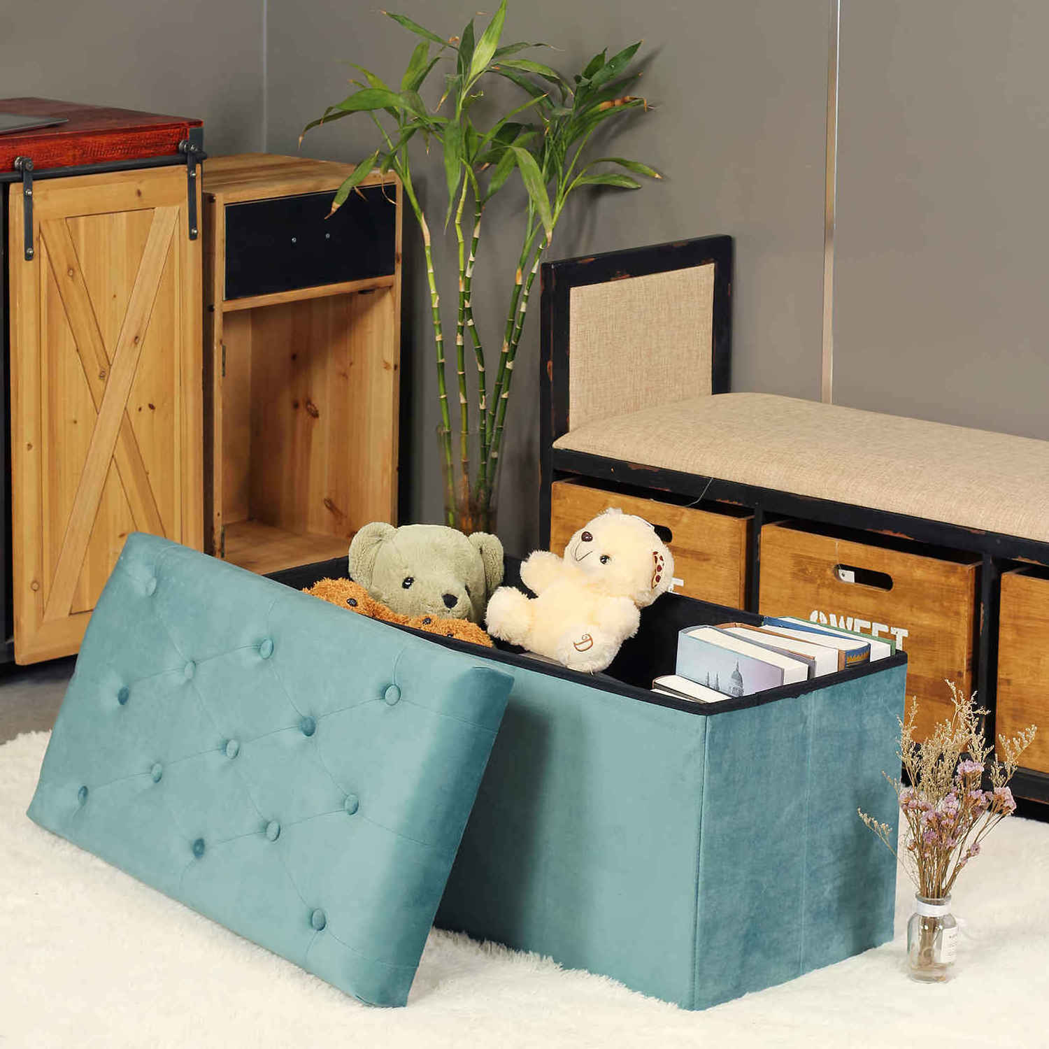 Bailey OEM/ODM Storage Clothes Books Toys Ottoman Bench Green Velvet +P2 MDF+Foam Fabric Storage Bench For Living Room