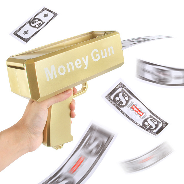 Gold money gun shooter with prop paper make it rain 100 dollar bills for party birthday wedding boys girls accept customization