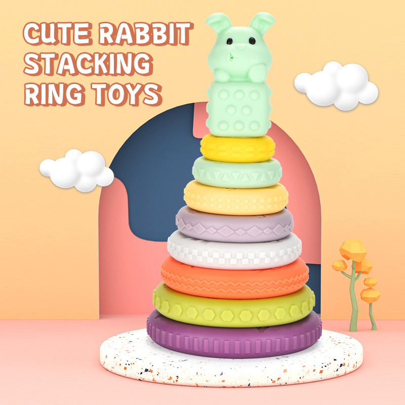 Baby 9pcs soft rubber rainbow rings tower early education sensory toys color cognitive stacking toys