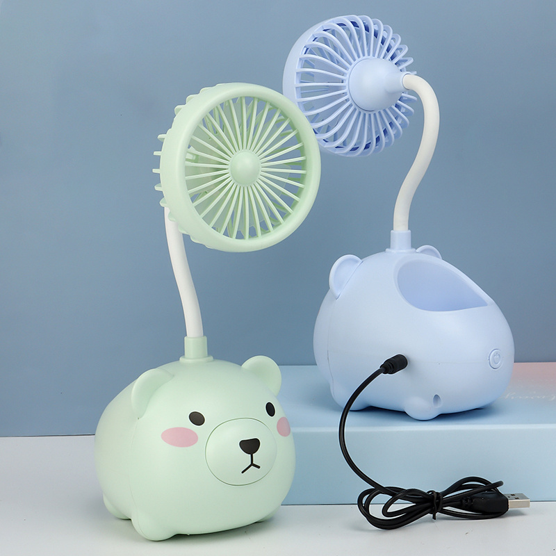 New design 2 in 1 bear desk fan usb charging portable small desk hand fan with pen holder