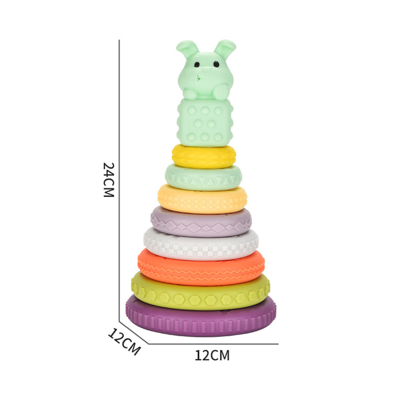 Baby 9pcs soft rubber rainbow rings tower early education sensory toys color cognitive stacking toys