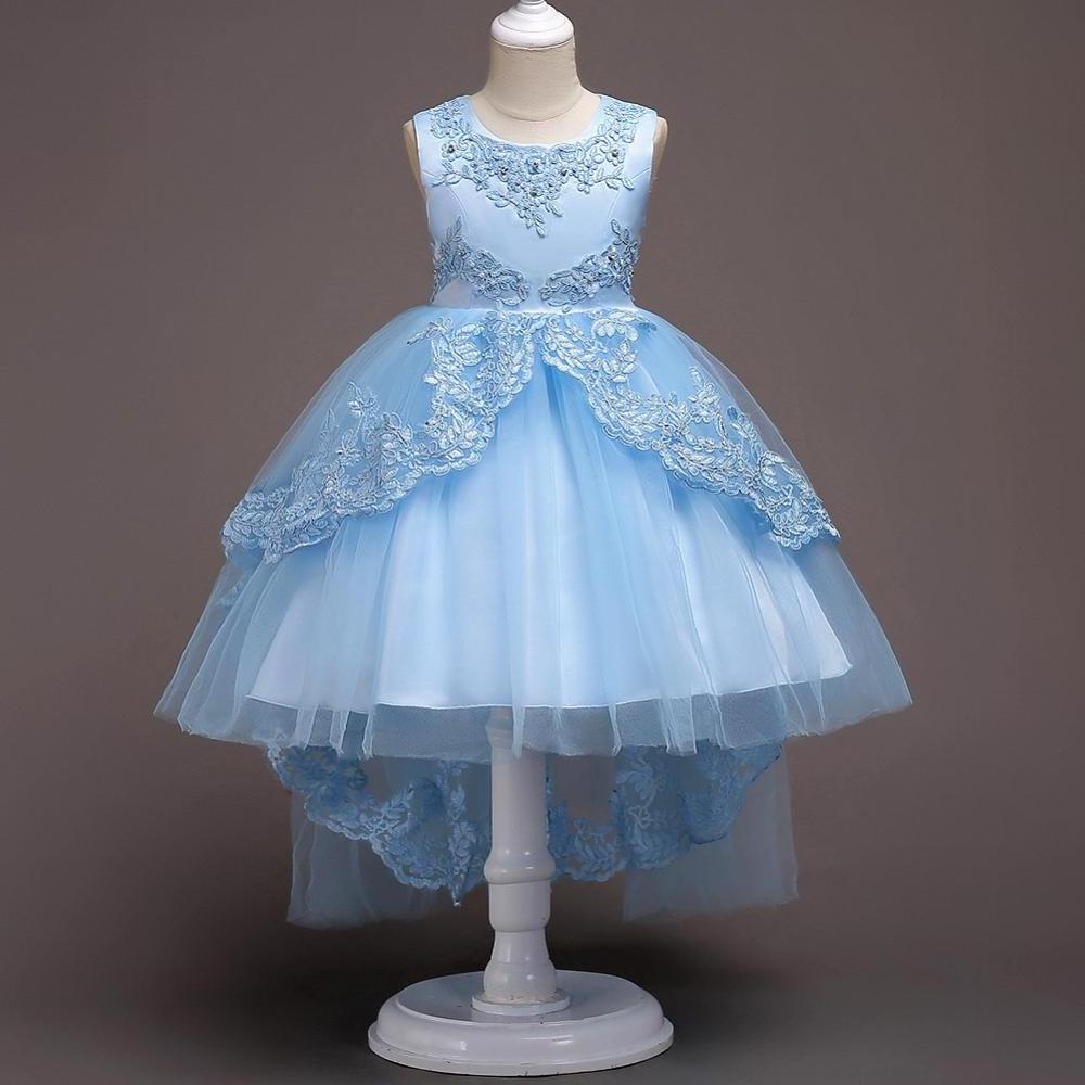 Blue color Flower Girl Dress for 8 years old Princess trailing party dress Children's layered modeling costumes