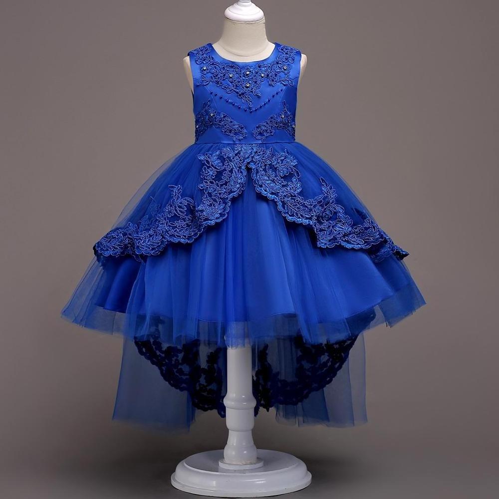 Blue color Flower Girl Dress for 8 years old Princess trailing party dress Children's layered modeling costumes