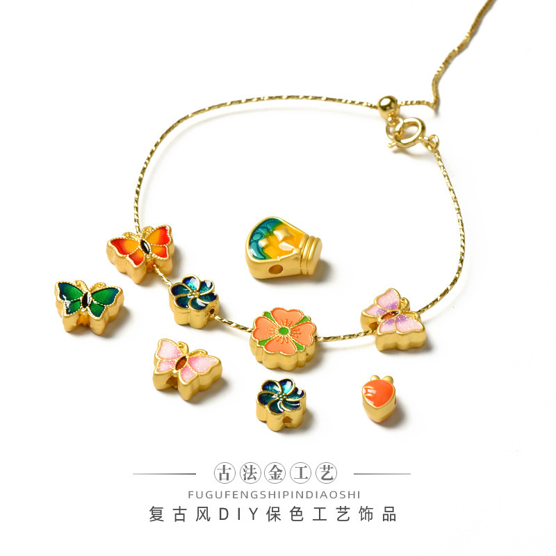 Cartoon Cute Ancient Gold Big Hole Cloisonne Enamel Lucky Frog Rabbit Flower Butterfly Charm for Bracelet