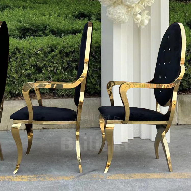 Golden armrest design stainless steel high back white velvet queen throne king chair