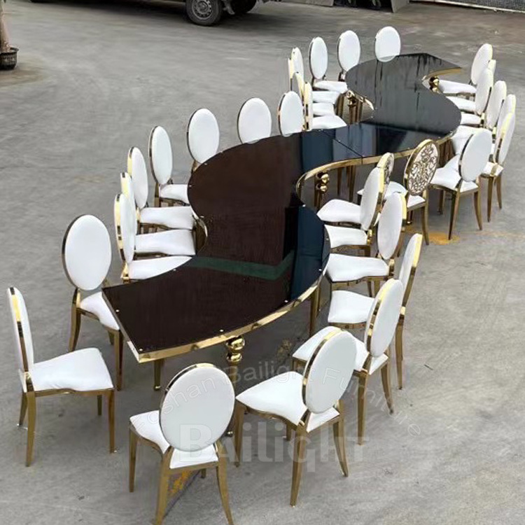 Bailight Gold stainless steel glass top serpentine table wedding luxury table