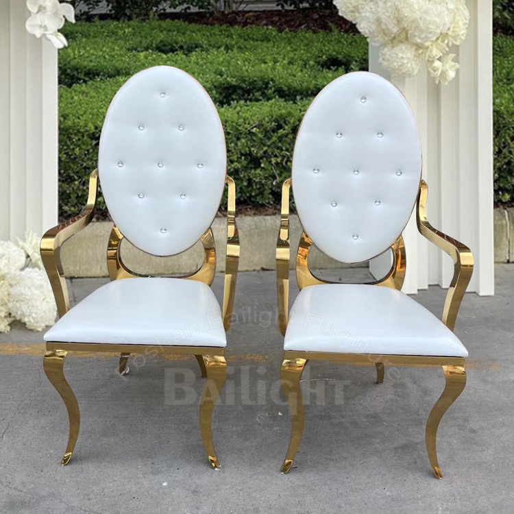 Golden armrest design stainless steel high back white velvet queen throne king chair