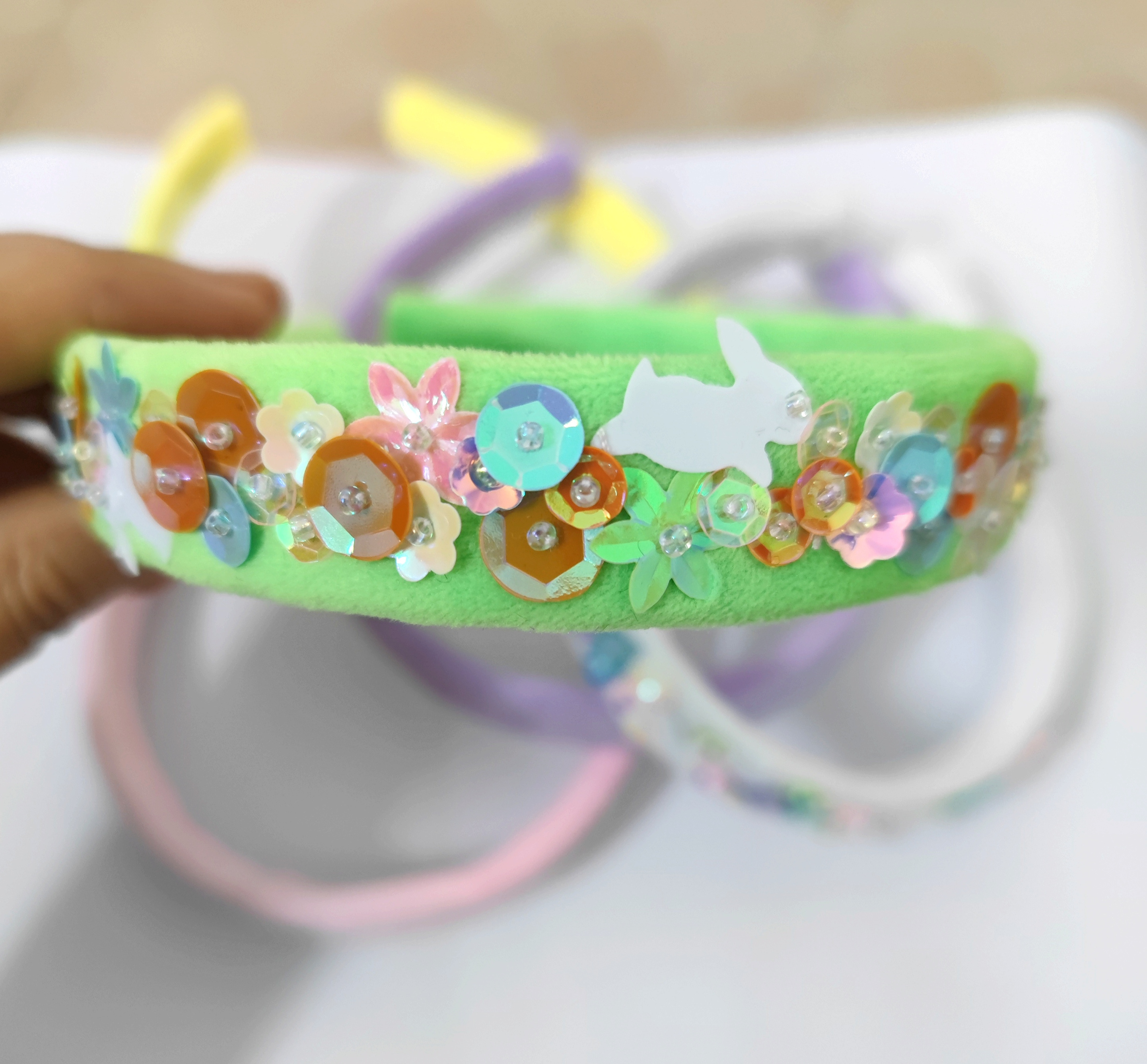 easter rabbit velvet Hairband Embroidered sequins velvet headband Custom Embroidered sequins headband for kids Hair Accessories