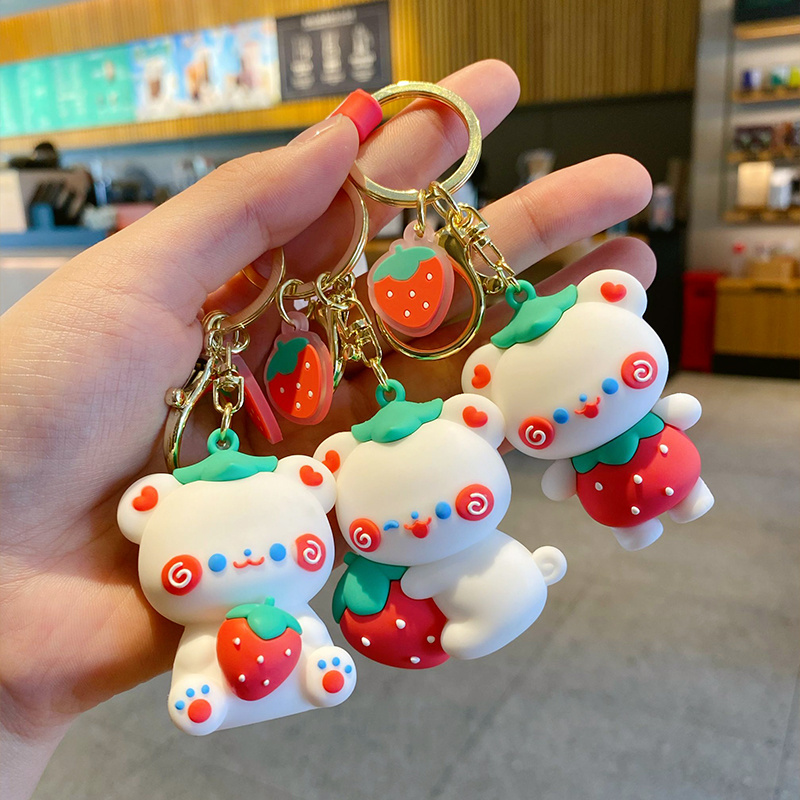 Baimao Cartoon Strawberry Bear keychain Cute White Bear Drop glue 3D car pendant Keychain Girl bag pendant jewelry