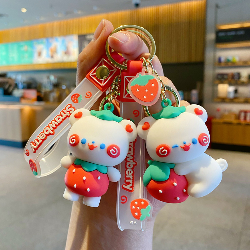 Baimao Cartoon Strawberry Bear keychain Cute White Bear Drop glue 3D car pendant Keychain Girl bag pendant jewelry