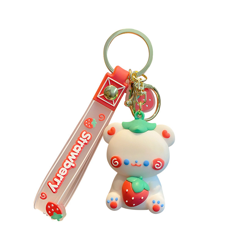 Baimao Cartoon Strawberry Bear keychain Cute White Bear Drop glue 3D car pendant Keychain Girl bag pendant jewelry